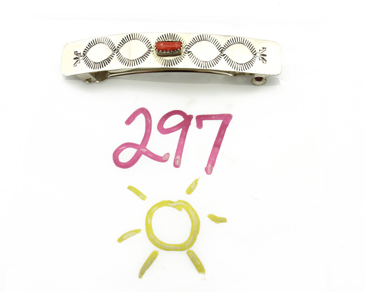 Navajo Hair Clip Barrette 925 Silver Mediterranean Coral Native Artist C.80's