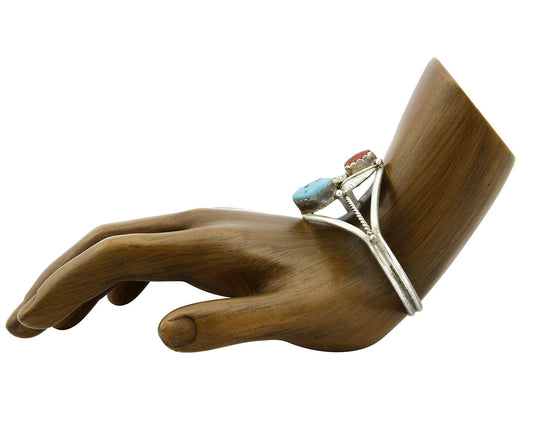 Navajo Bracelet .925 Silver Turquoise & Red Coral Cuff Signed Paul J Circa 1980s