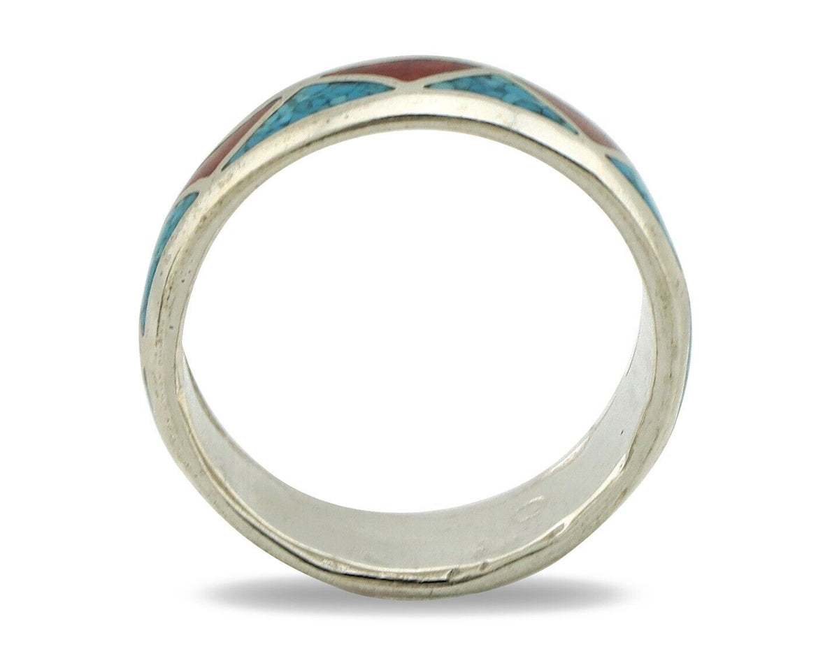 Navajo Chip Inlay Ring 925 Silver Sleeping Beauty Turquoise & Coral Silver Cloud