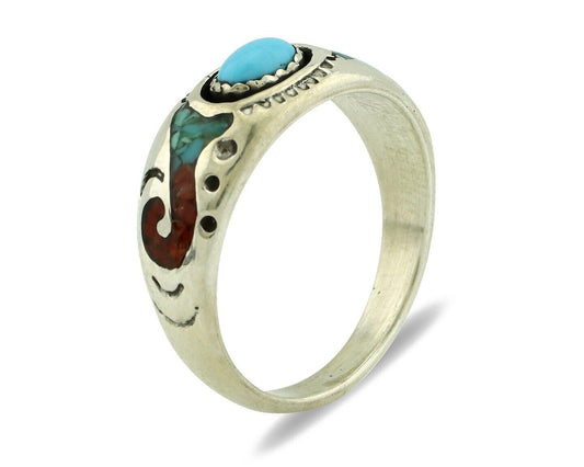 Navajo Handmade Ring 925 Silver Blue Turquoise & Coral Native American C.80's