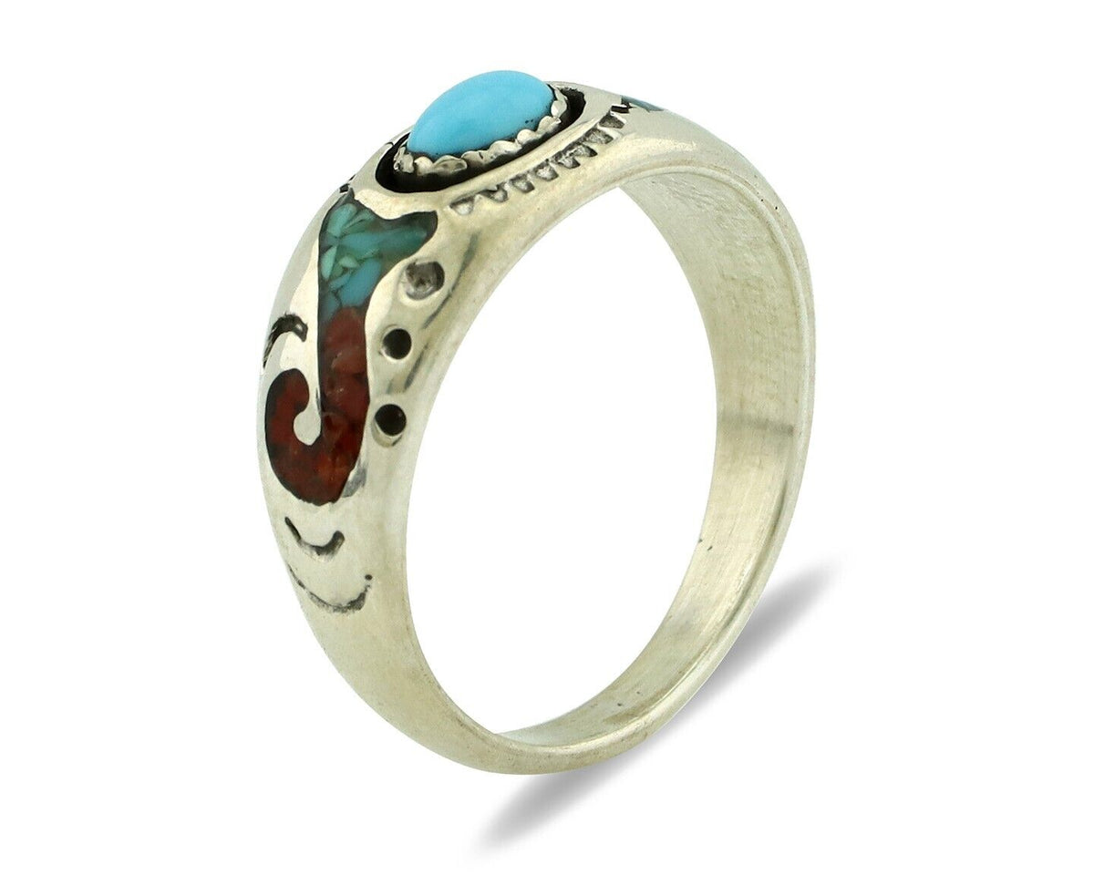 Navajo Handmade Ring 925 Silver Blue Turquoise & Coral Native American C.80's