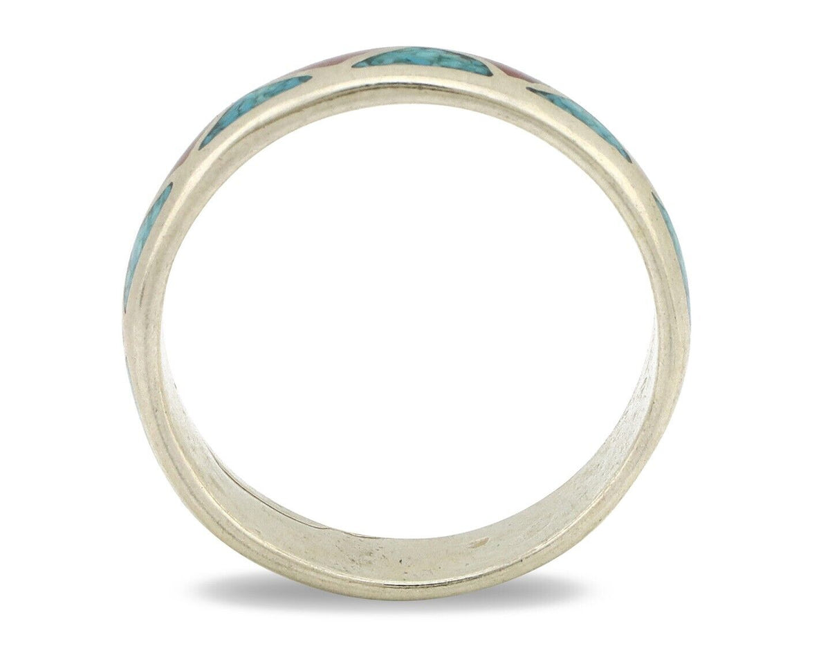 Navajo Chip Inlay Ring 925 Silver Sleeping Beauty Turquoise & Coral Silver Cloud