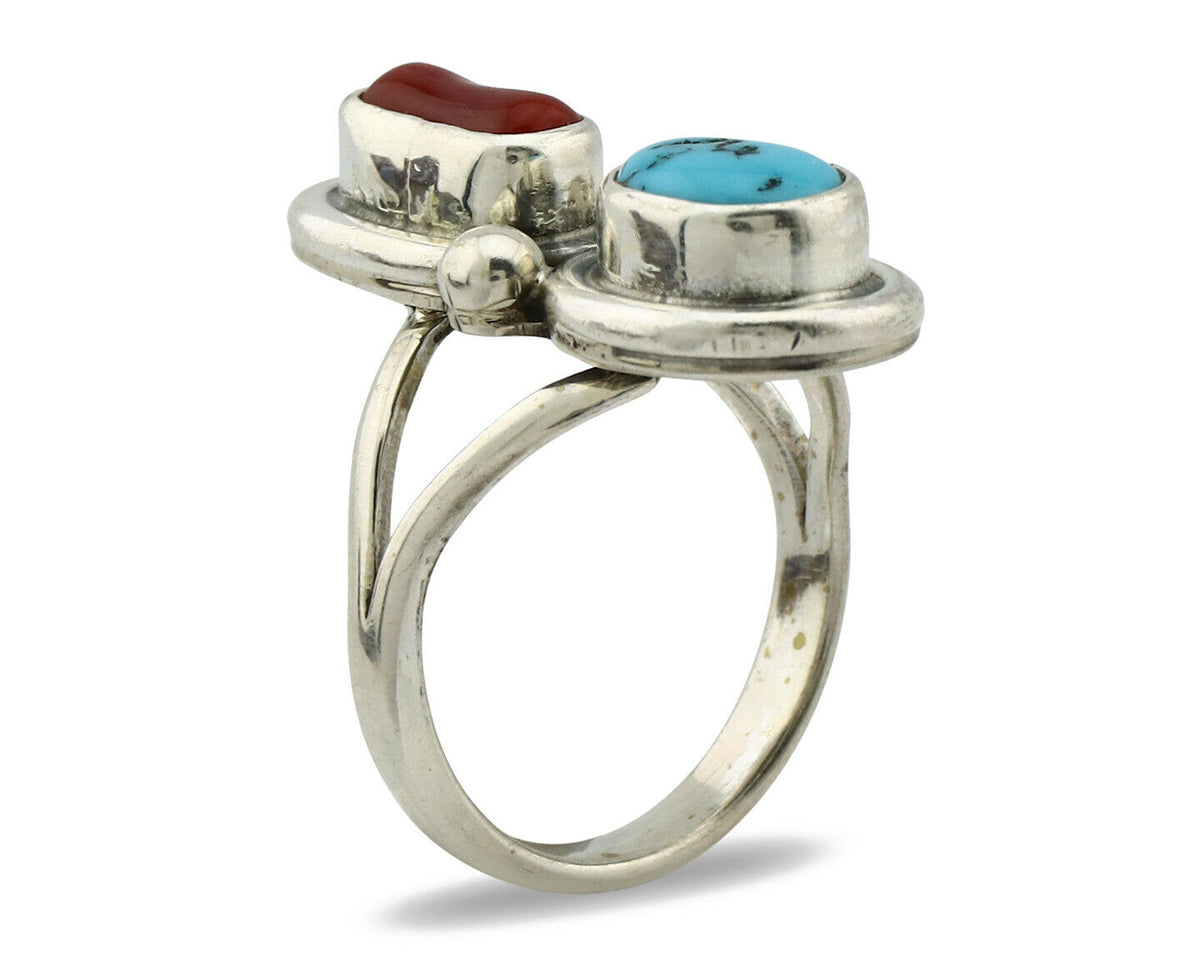 Navajo Ring .925 Silver Red Coral & Blue Turquoise Native Artist C.80's
