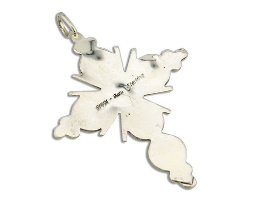 Zuni Handmade Cross Necklace 925 Silver Red Coral Artist Signed NOM? C.80's