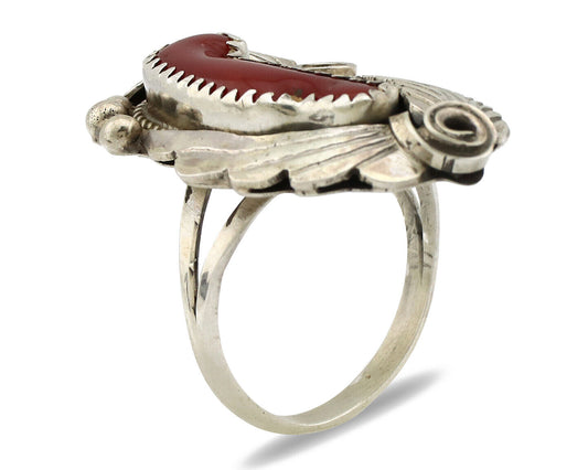 Navajo Ring 925 Silver Mediterranean Coral Artist Signed Justin Morris C.80's