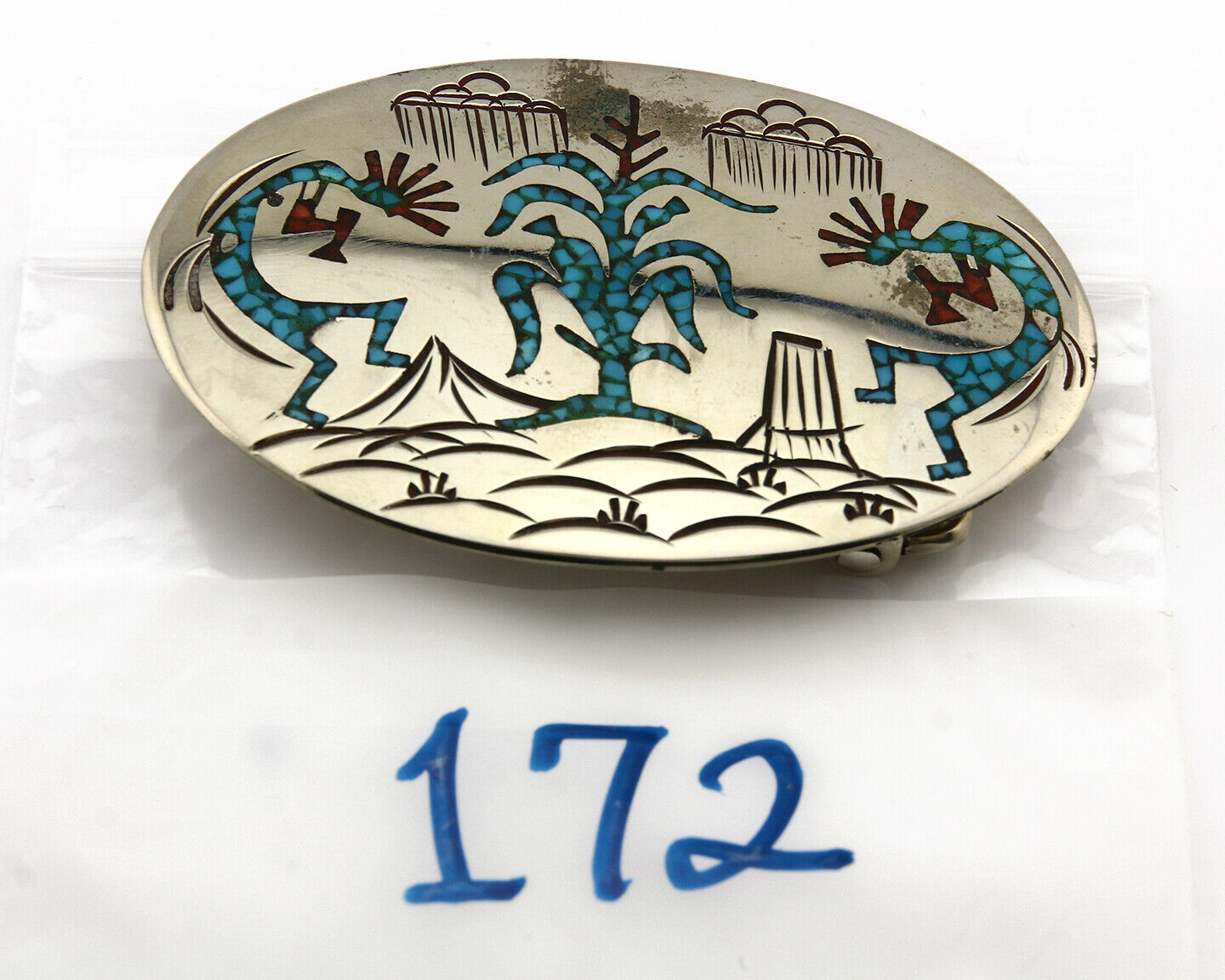 Navajo Belt Buckle .999 Nickle Silver Turquoise Coral Signed SD C.80's