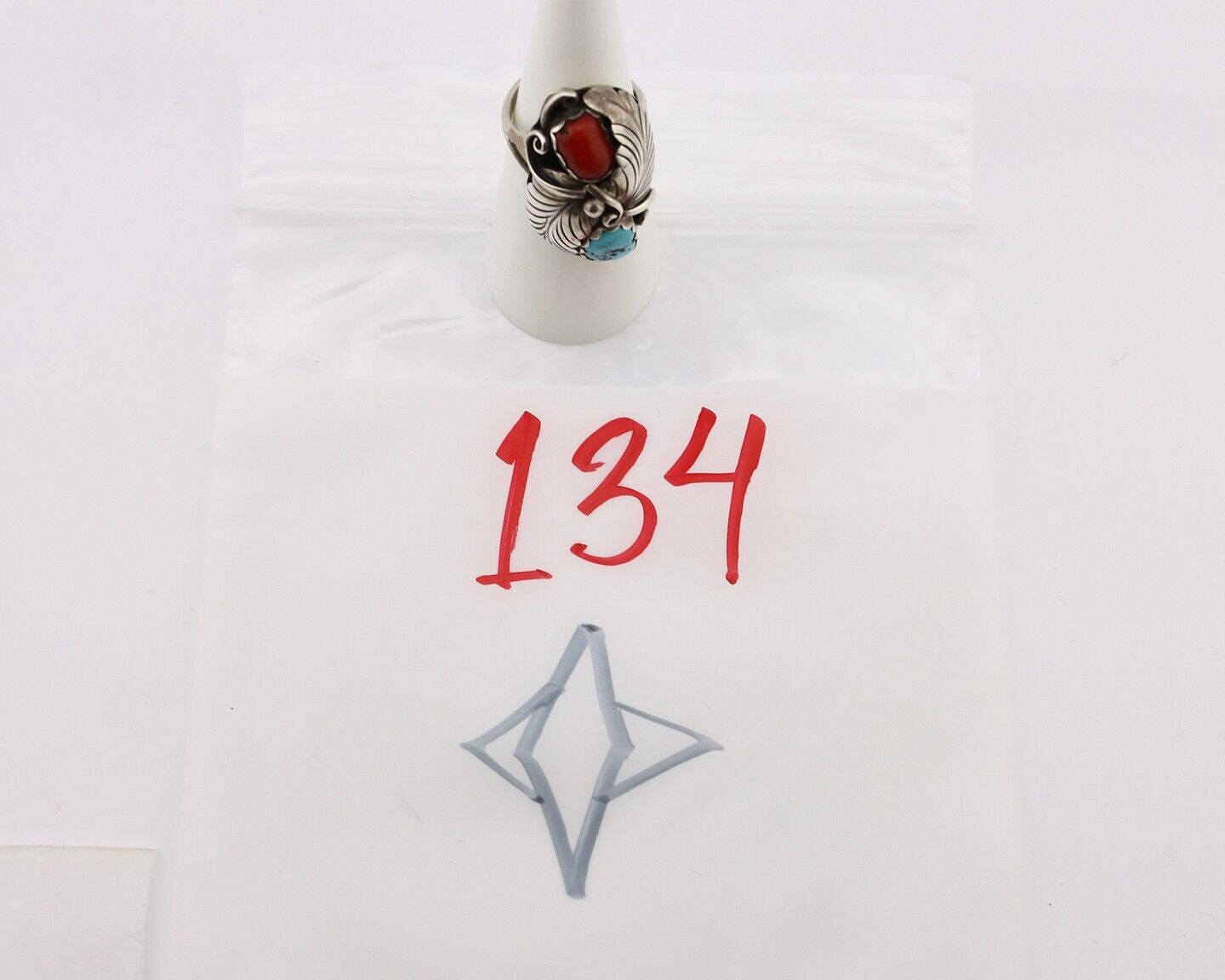 Navajo Handmade Ring 925 Silver Turquiose & Coral Artist Signed E C.80's