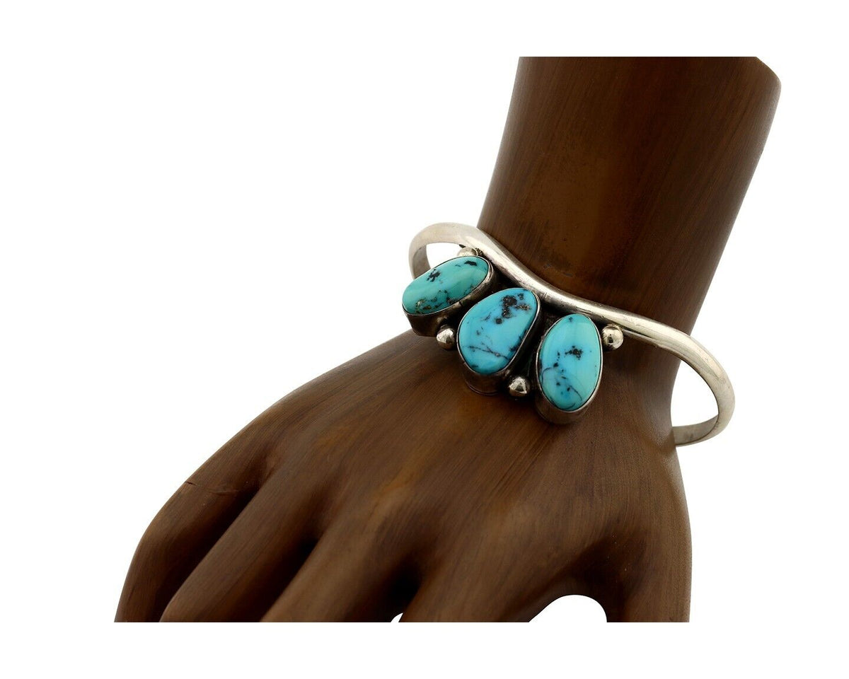 Navajo Bracelet 925 Silver Blue Kingman Turquoise Artist Signed E SANDAVOL C80s