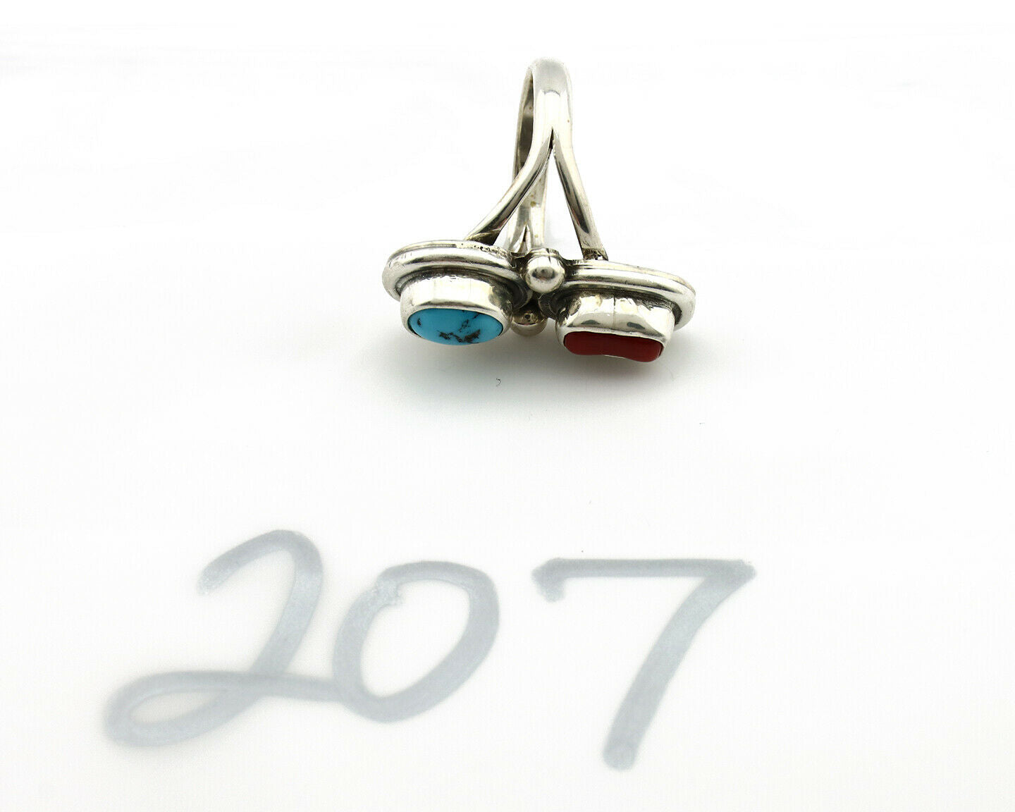 Navajo Ring .925 Silver Red Coral & Blue Turquoise Native Artist C.80's