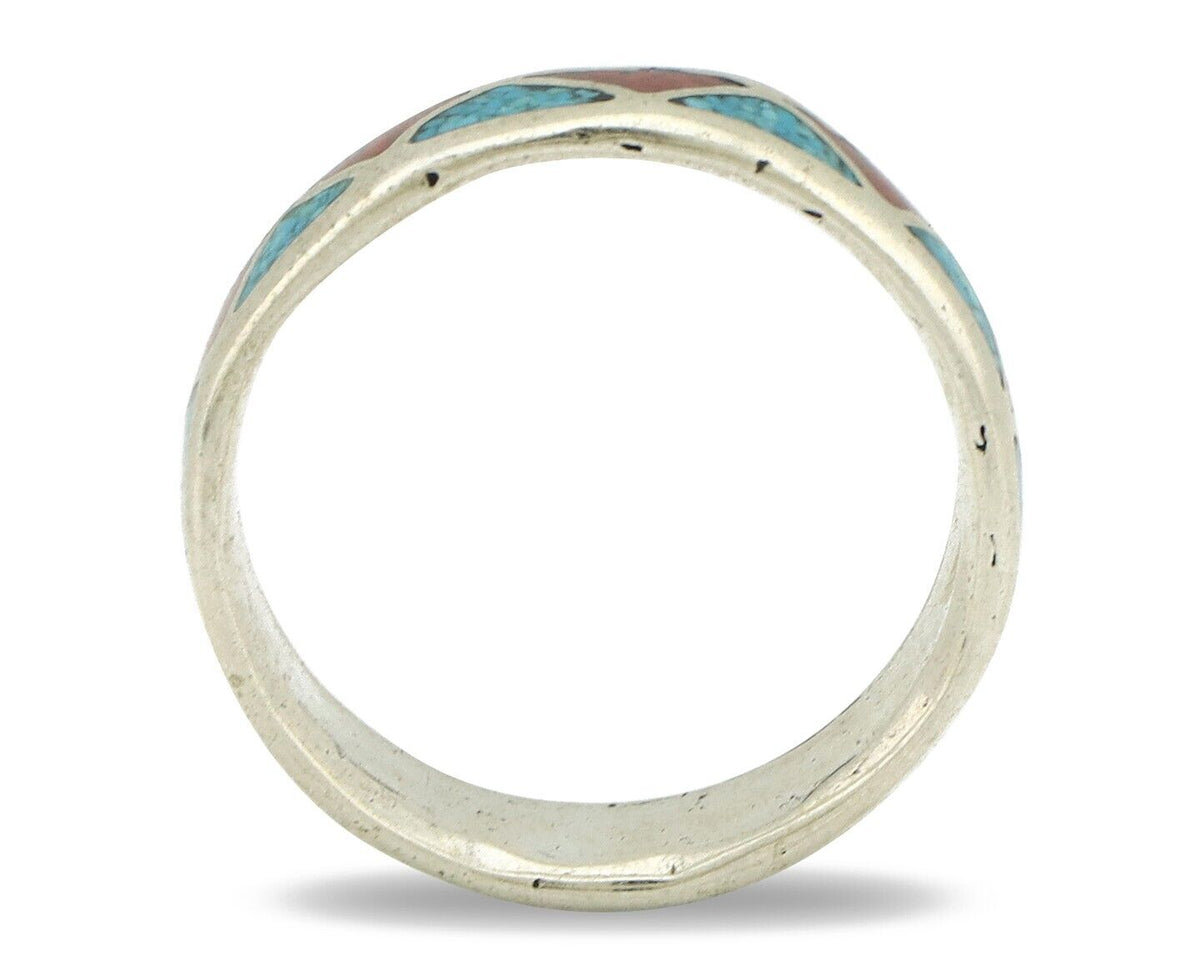 Navajo Ring 925 Silver Natural Turquoise & Coral Native American Artist C.80's