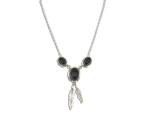 Navajo Necklace 925 Silver Black Onyx Signed Leonard & Marian Nez C.80's