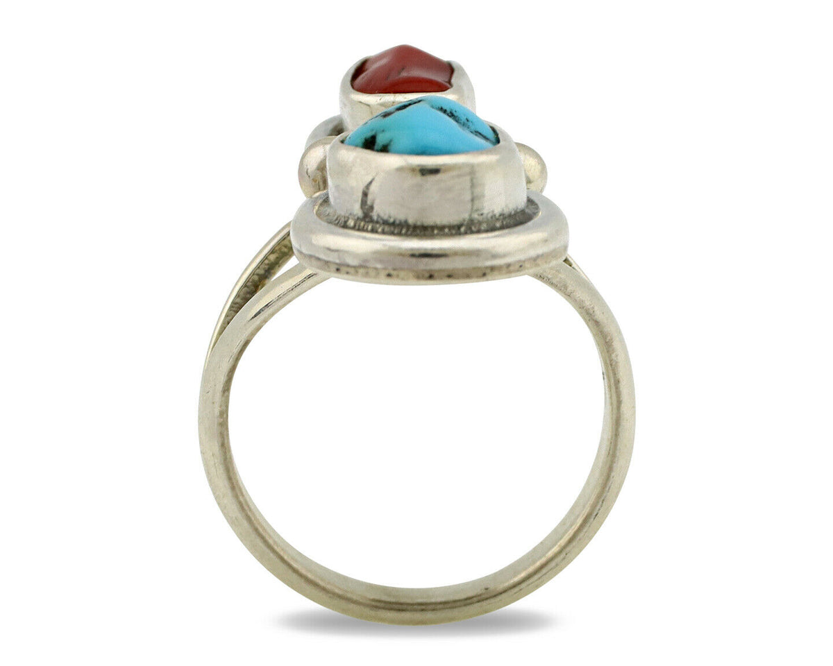 Navajo Ring .925 Silver Blue Turquoise & Red Coral Native American Artist C.80's