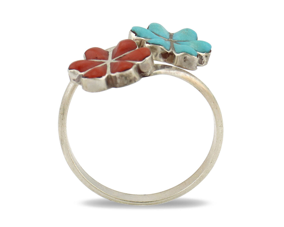 Zuni Flower Ring 925 Silver Turquoise & Coral Native American Artist C.80's