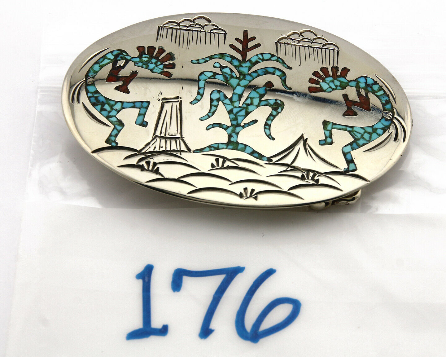 Navajo Belt Buckle .999 Nickle Silver Turquoise Coral Signed SD C.80's