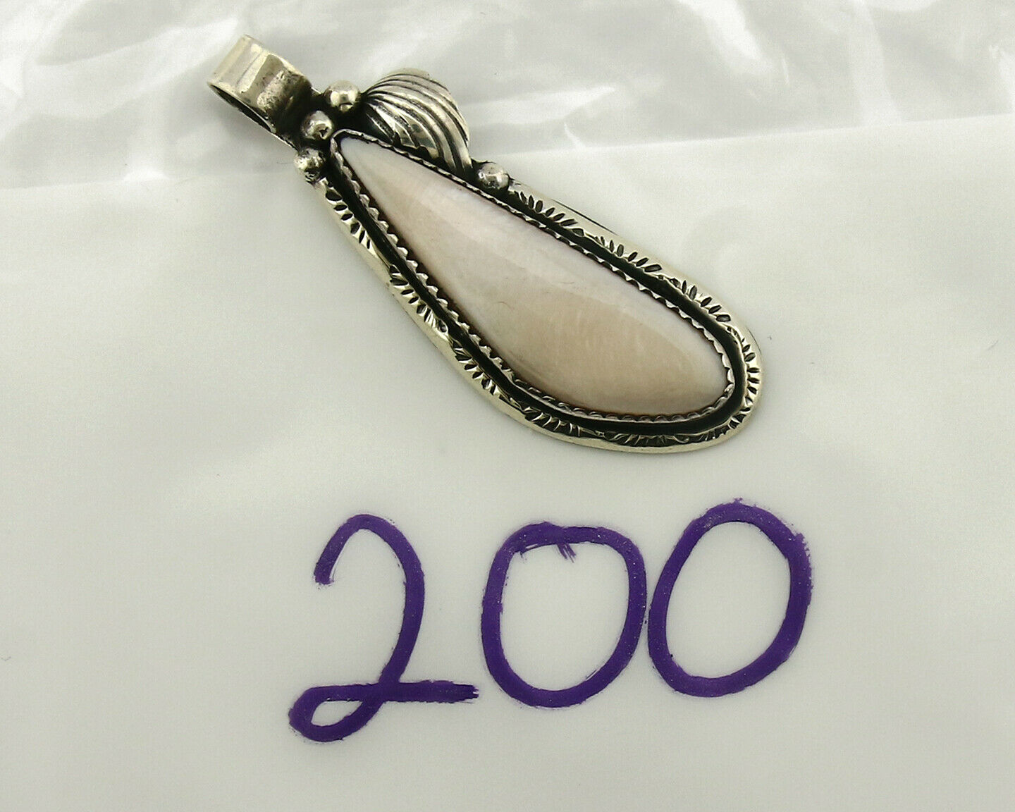 Navajo Pendant .925 Silver Real Natural Pink Mussel Signed Yazzie C.80's