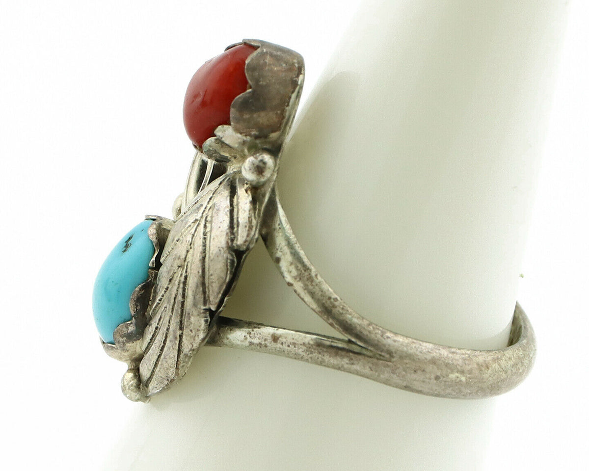 Navajo Ring .925 Silver Turquoise & Coral Native American Artist C.1980's