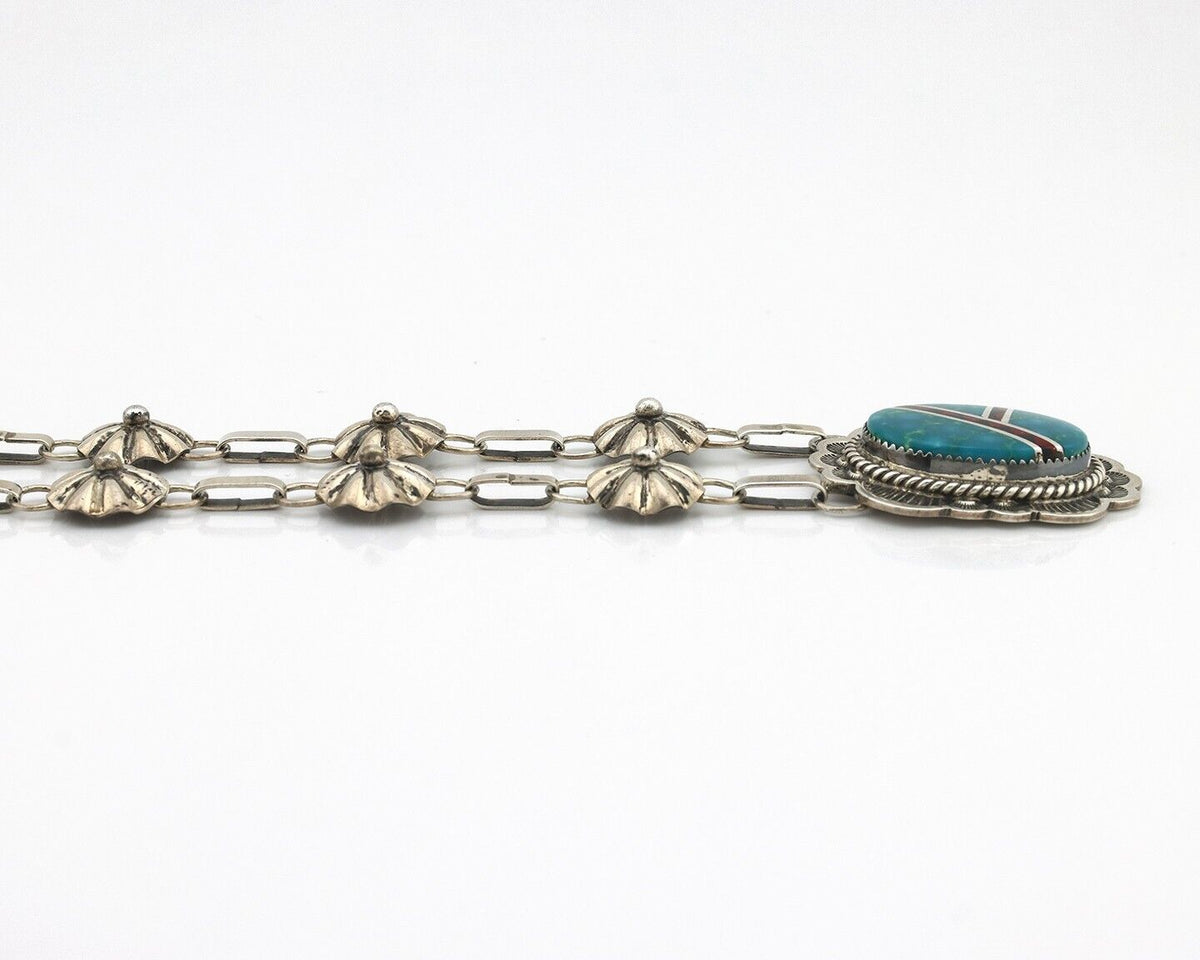 Navajo Necklace 925 Silver Blue Gem Turquoise, Onyx, Coral Signed M Begay C.80's