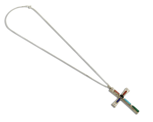 Zuni Handmade Cross Necklace 925 Silver Natural Gemstone Signed L. IULE C.80's
