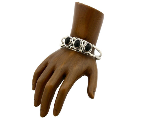 Navajo Bracelet .925 Silver Onyx Gemstones Handmade Native Artist C.80's