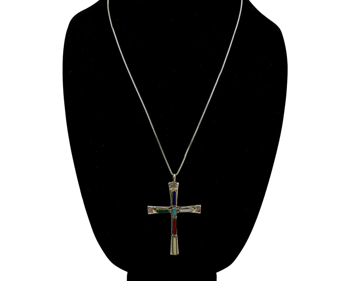 Zuni Handmade Cross Necklace 925 Silver Natural Gemstone Signed L. IULE C.80's