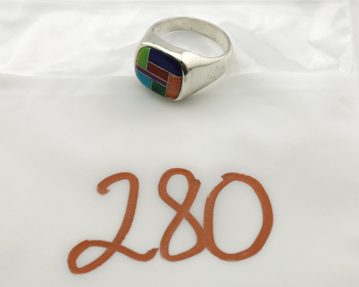 Navajo Inlaid Ring .925 Silver Gemstone Artist Native American C.1980's