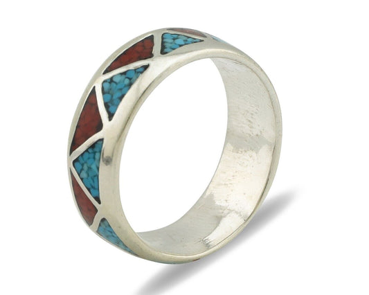 Navajo Ring 925 Silver Natural Turquoise & Coral Native American Artist C.80's