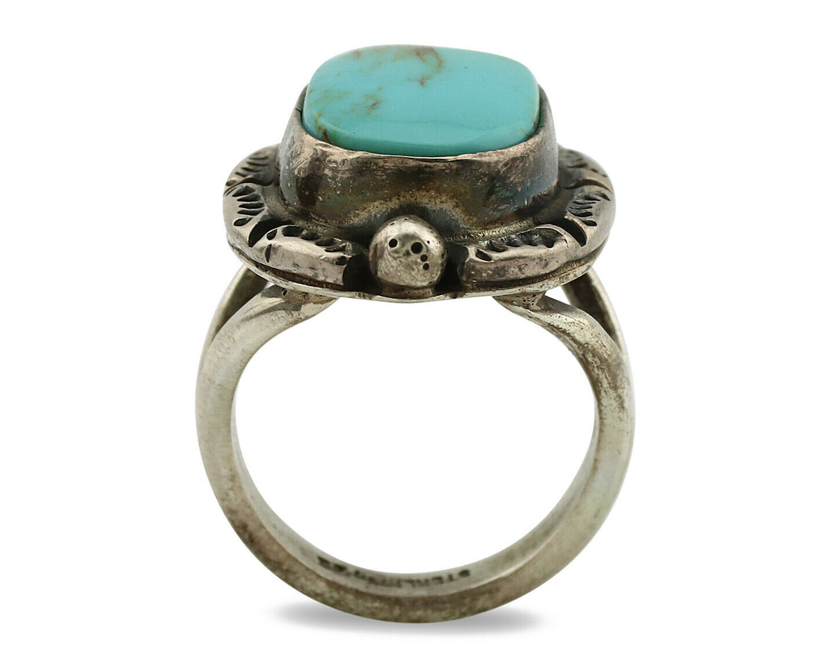 Navajo Ring .925 Silver Kingman Turquoise Artist Signed Gecko C.1980's