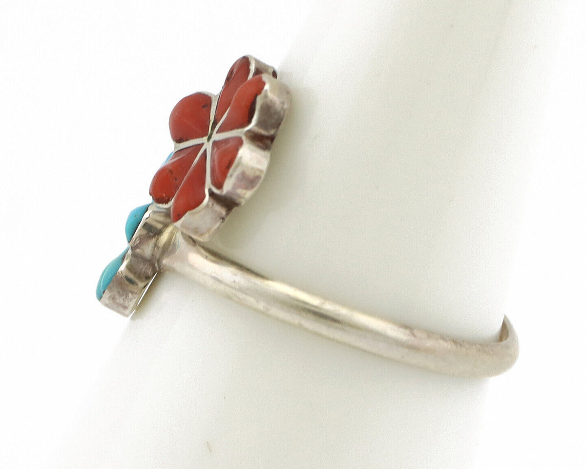 Zuni Flower Ring 925 Silver Turquoise & Coral Native American Artist C.80's