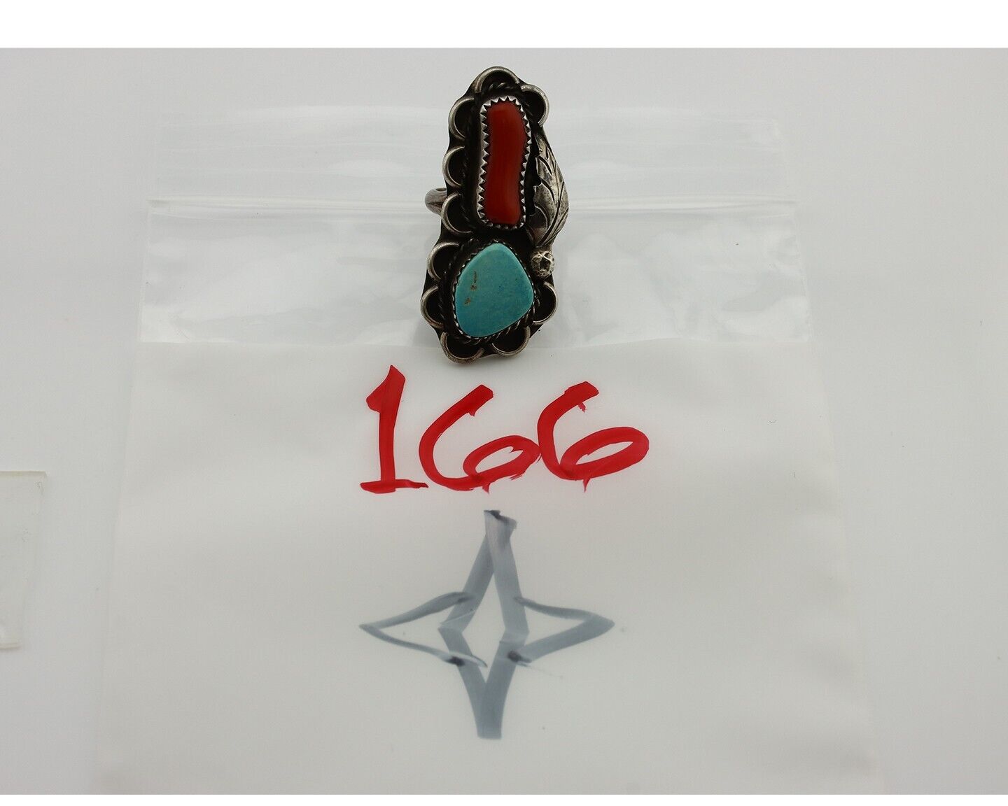Navajo Ring 925 Silver Blue Turquiose & Coral Artist Signed ID C.80's