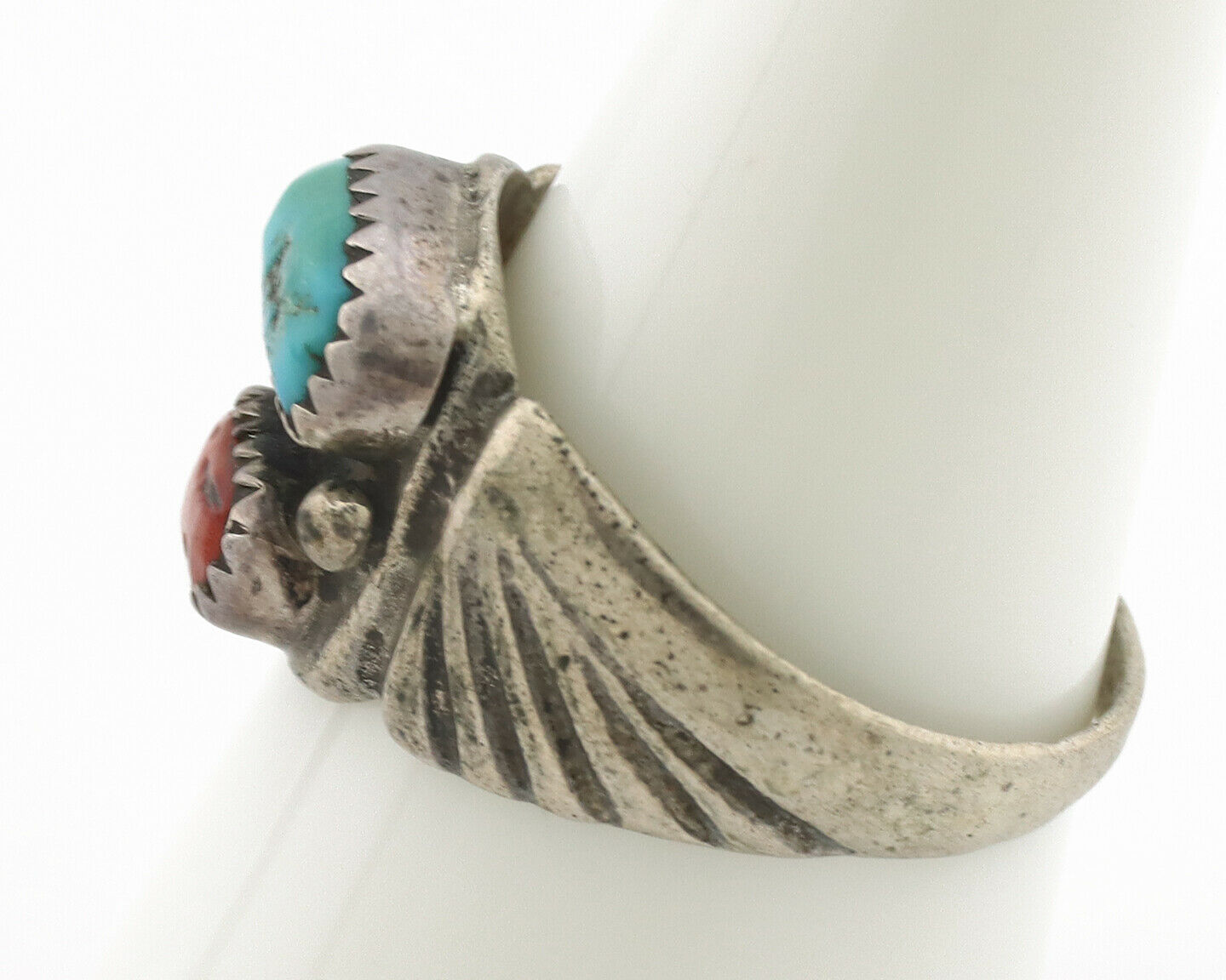 Zuni Ring .925 Silver Natural Turquoise & Coral Native American Artist C.1980's