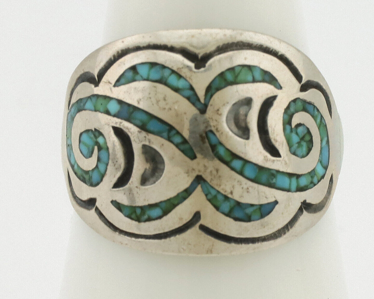 Navajo Ring 925 Silver Chip Inlay Turquoise Artist Signed Thomas Singer C.80's