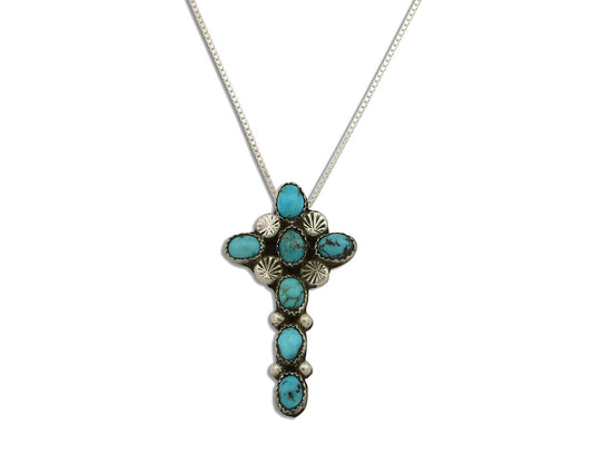 Navajo Cross Necklace 925 Silver Blue Turquoise Native American Artist C.80's