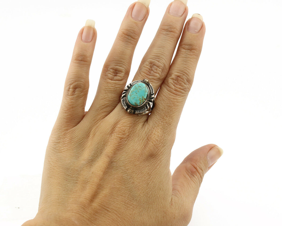 Navajo Ring .925 Silver Blue Turquoise Artist Signed Gecko C.1980's