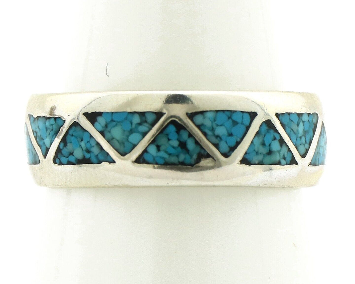 Navajo Chip Inlay Ring 925 Silver Sleeping Beauty Turquoise Artist Silver Cloud