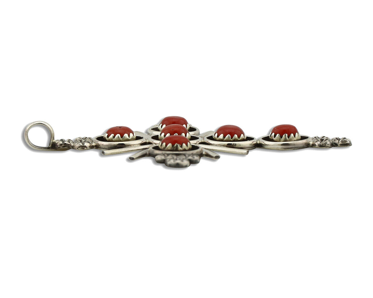 Zuni Handmade Cross Necklace 925 Silver Red Coral Artist Signed NOM? C.80's