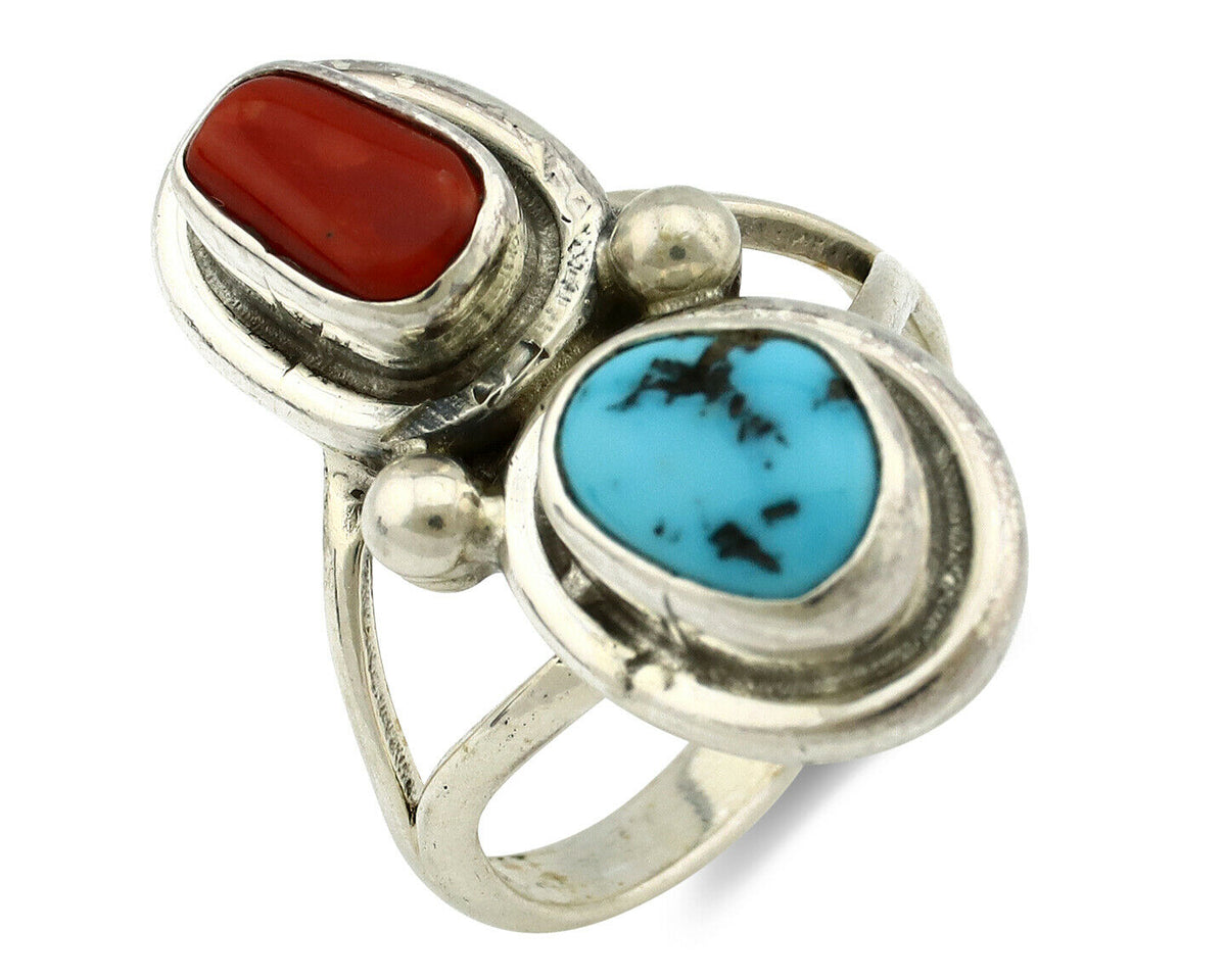 Navajo Ring .925 Silver Red Coral & Blue Turquoise Native Artist C.80's