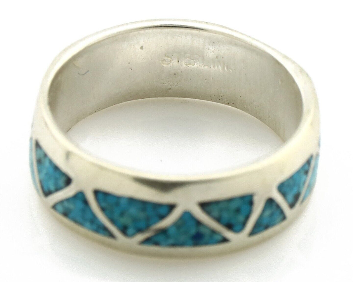 Navajo Chip Inlay Ring 925 Silver Sleeping Beauty Turquoise Artist Silver Cloud