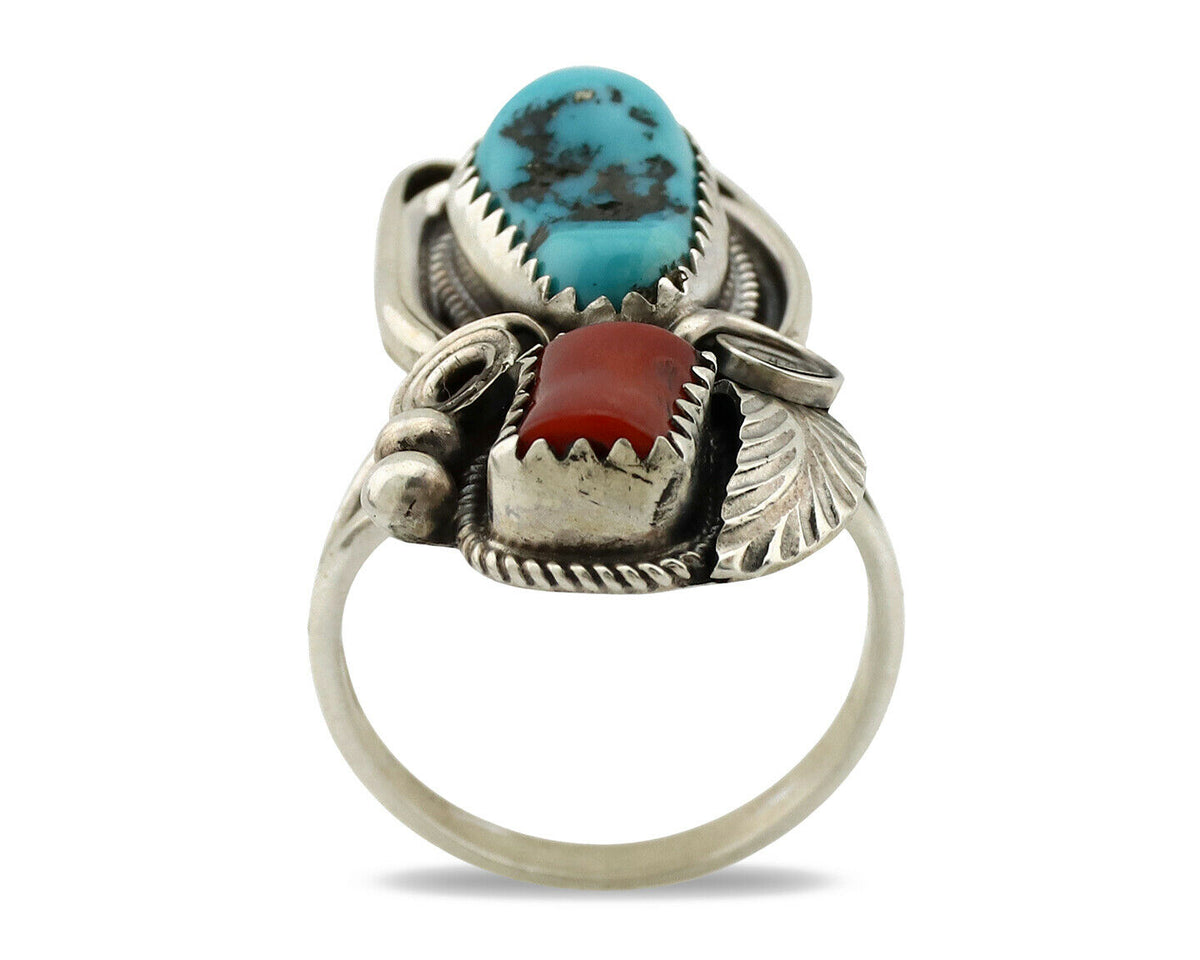 Navajo Ring .925 Silver Turquoise & Coral Artist Signed J Morris C.80's