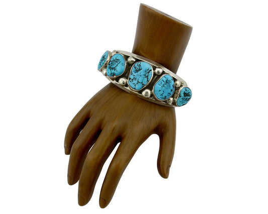 Navajo Bracelet .925 Silver Sleeping Beauty Turquoise Signed JR C.80's