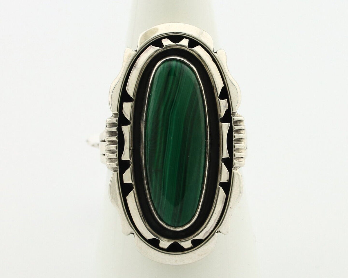 Navajo Ring .925 Silver Malachite Hand Stamped Signed William Denetdale C.80's