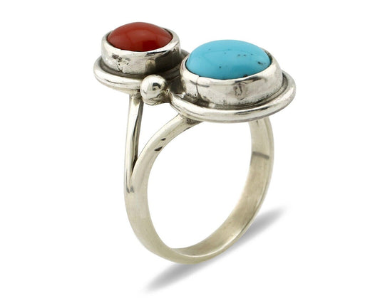 Navajo Handmade Ring 925 Silver Coral & Turquoise Native American Artist C.80's