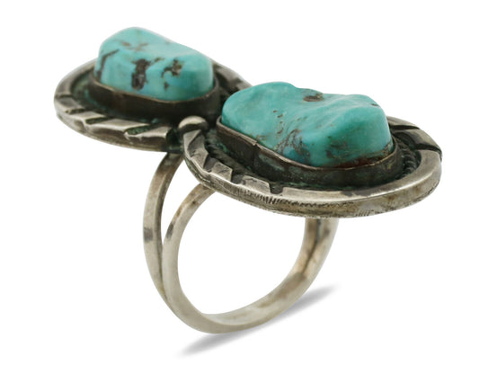 Navajo Ring .925 Silver Globe Turquoise Hand Stamped Native American Artist C80s