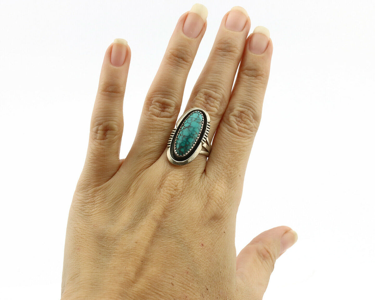 Navajo Ring .925 Silver Spiderweb Turquoise Native American Artist C.1980's