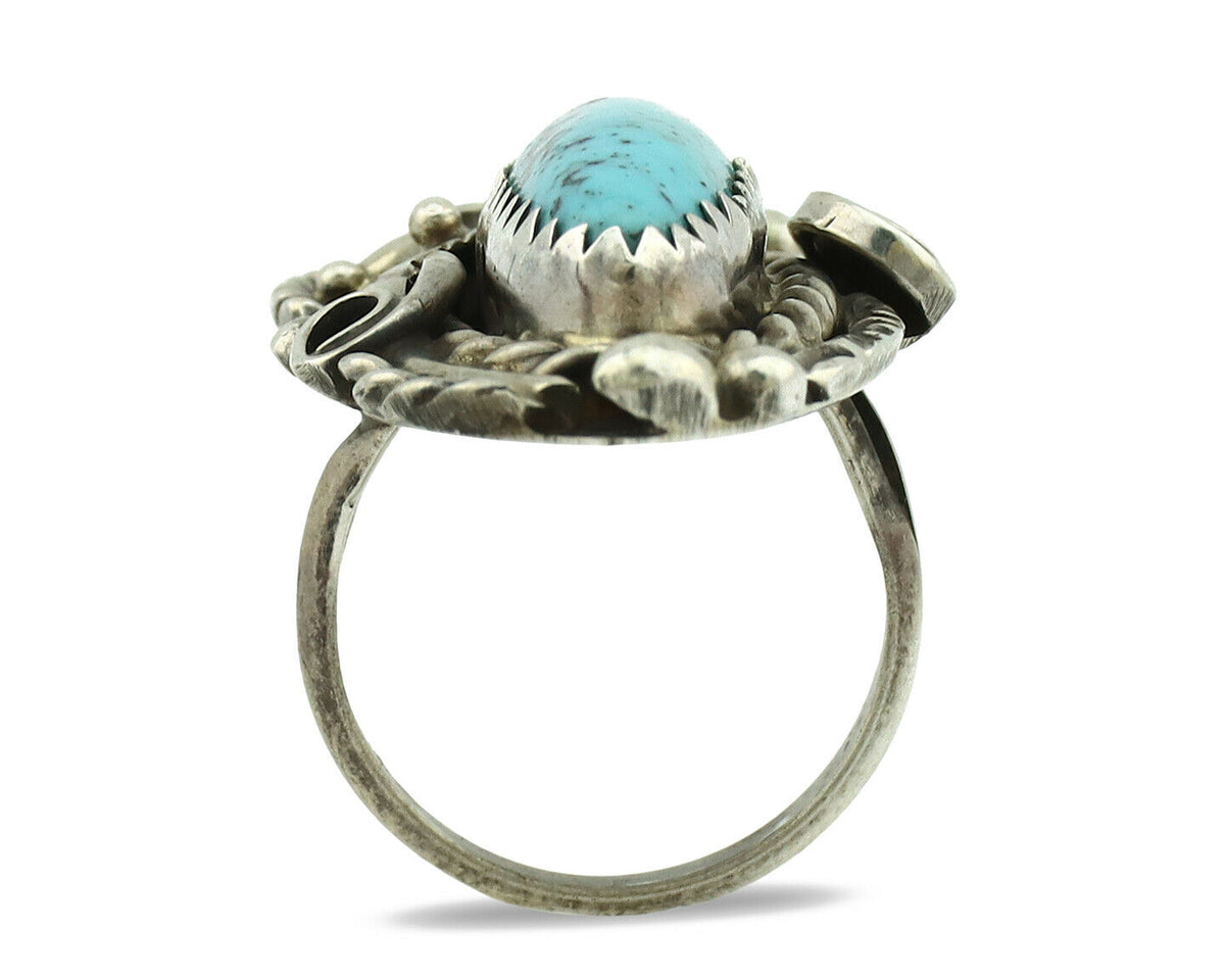 Navajo Ring .925 Silver Natural Morenci Turquoise Artist Signed PR C.80's