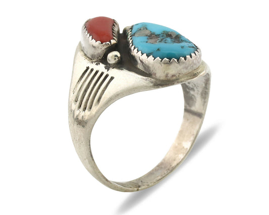 Zuni Ring .925 Silver Natural Turquoise & Coral Native American Artist C.1980's