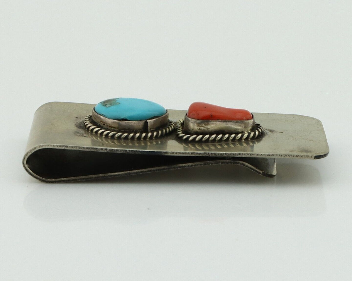 Navajo Money Clip 925 Silver & 999 Nickel Natural Turquoise & Coral Artist C80