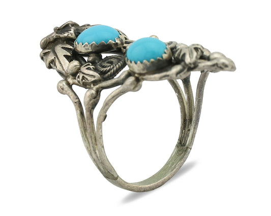 Navajo Ring .925 Silver Sleeping Beauty Turquoise Signed Prairie Fire C.80's