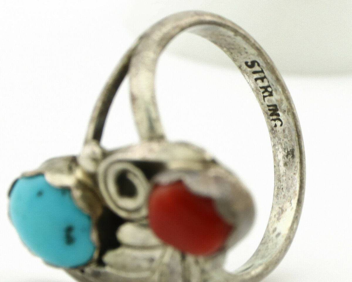 Navajo Ring .925 Silver Turquoise & Coral Native American Artist C.1980's