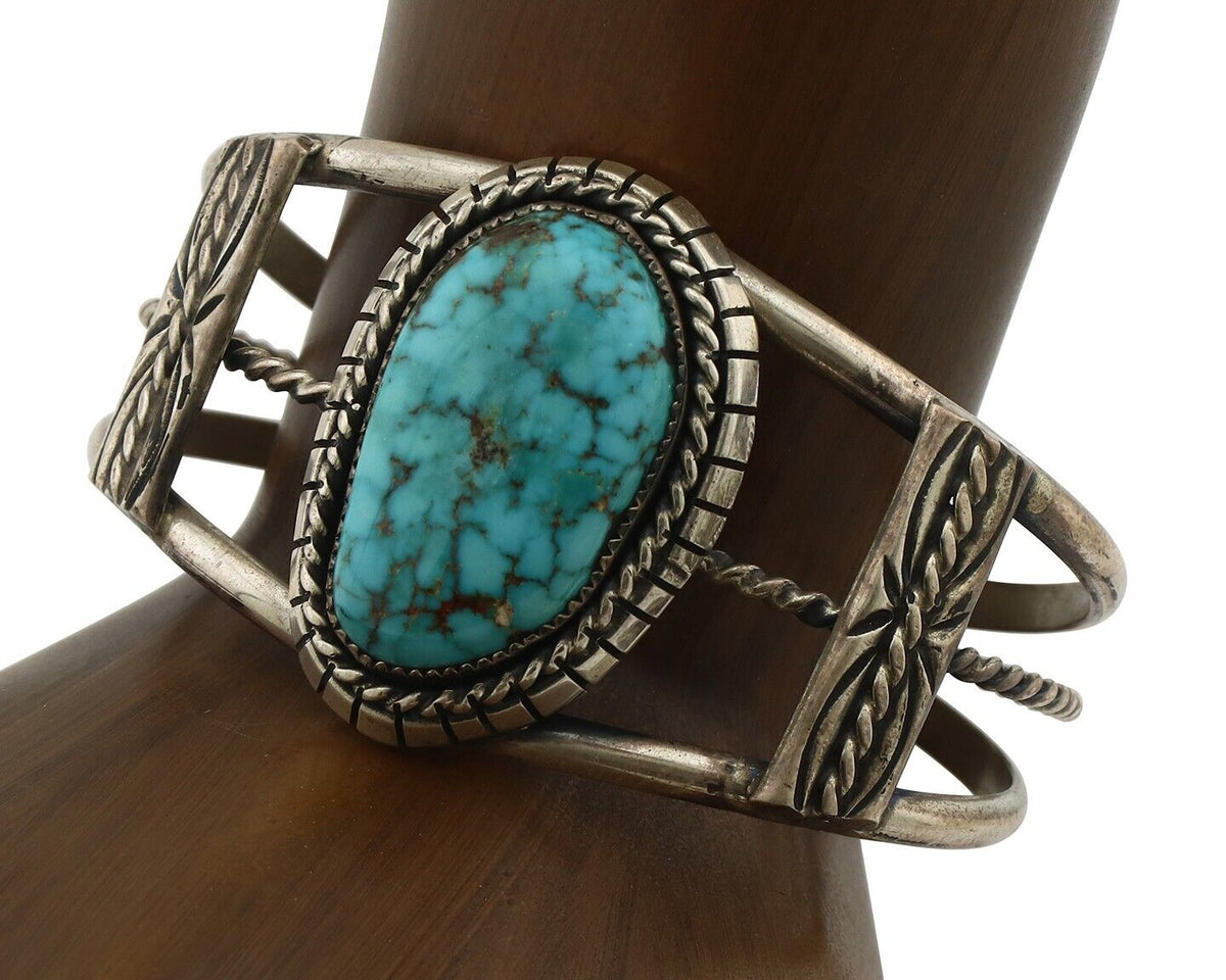 Navajo Bracelet 925 Silver Natural Blue Spiderweb Turquoise Signed Tom Willeto