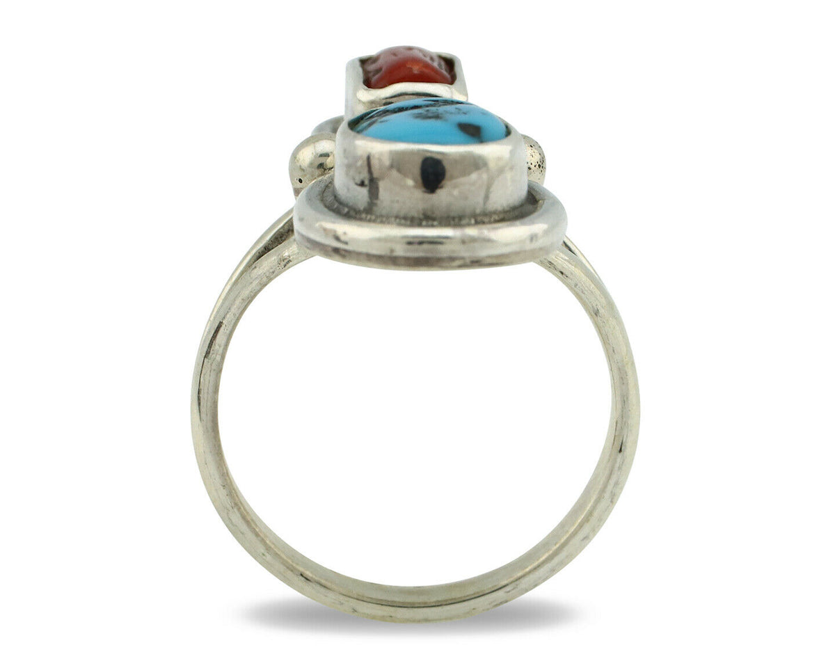Navajo Ring .925 Silver Red Coral & Blue Turquoise Native Artist C.80's